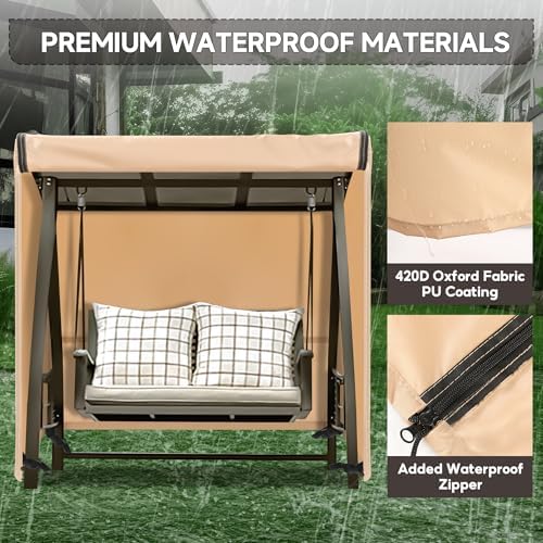 Outdoor Swing Covers for Patio Swing 2 Seater, 65" L x 50" D x 66" H, 2 Seat Swing Cover Waterproof, Porch Patio Swing Canopy Cover, Windproof UV Resistant All Weather Protector - Beige - Image 4