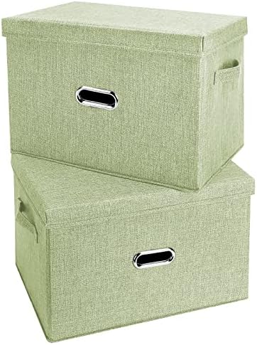 Large Linen Fabric Foldable Storage Bins with Removable Lid and Handles, Washable Storage Box Organizer Containers Baskets Cube with Cover for Bedroom,Office(Green, XXL(2-Pack)) by Unknown