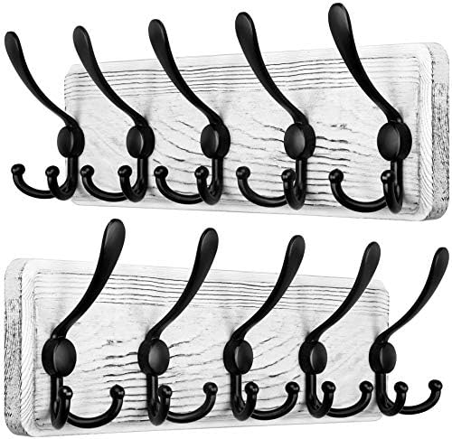 SKOLOO Rustic Wall Mounted Coat Rack, 16" Stud Spacing, Wood Coat Rack Wall Mount with 5 Triple Hooks, Farmhouse Coat Hanger Wall Mount for Hanging Backpack Jacket Coat Hat, Pack of 2 by SKOLOO
