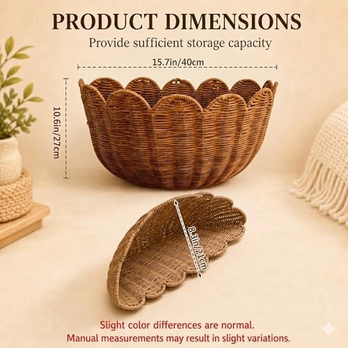 Scalloped Wall Basket, Wicker Wall Baskets, Hanging Wicker Basket, Handwoven Wall Mounted Storage Basket - 15.7 × 10.6 × 8.3 Inch, for Bathroom Bedroom Kitchen Entryway Decor - Image 2
