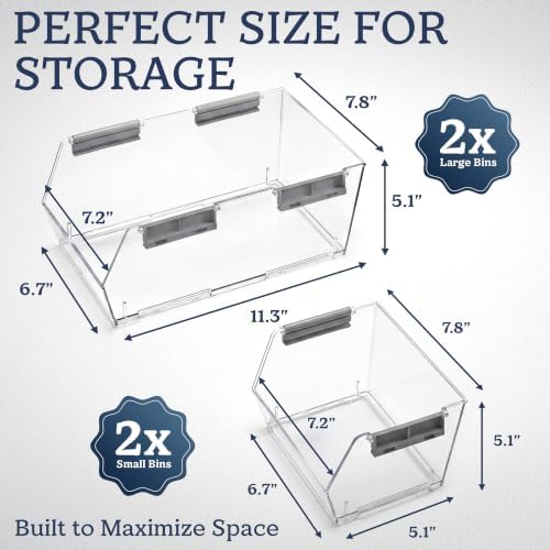 HOMESTEAD Set of 4 Stackable Storage Bins, 2 Large + 2 Small Clear Plastic Organizer Bins, Open Front Design for Kitchen Pantry, Fridge, Cabinet, Bathroom Organization and Snack Storage - Image 3