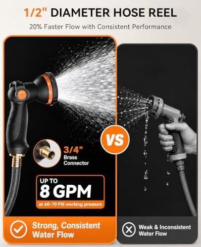 SUNPOW Retractable Garden Hose Reel - 1/2 inch x 50ft Heavy Duty Wall Mounted Hose Reel with 3/4 inch Brass Fitting & 10 Sprayer Nozzle - Any Length Lock, Auto Rewind System, 180°Swivel Bracket- Grey - Image 3