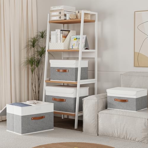 Yawinhe Fabric Storage Boxes with Lids,White/Grey,15.0x9.8x9.8in,3-Pack - Image 3