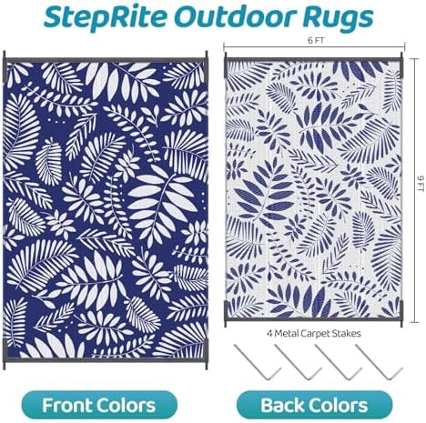 StepRite Outdoor Rug, Patio Rug, Plastic Straw Camping Rugs, Large Waterproof Area Rug and Mat for Outdoors, RV, Patio, Backyard, Deck, Porch, Beach, Balcony, (6'x 9', White & Blue) - Image 2