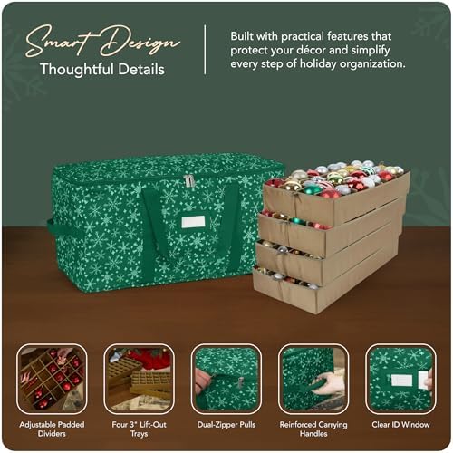 Covermates Keepsakes Adjustable Ornament Storage Bag – Heavy-Duty Polyester, Padded Dividers & FlexGrid Trays – Protective Holiday Ornament Organizer with Handles & Label Window, Green Snowflake - Image 4