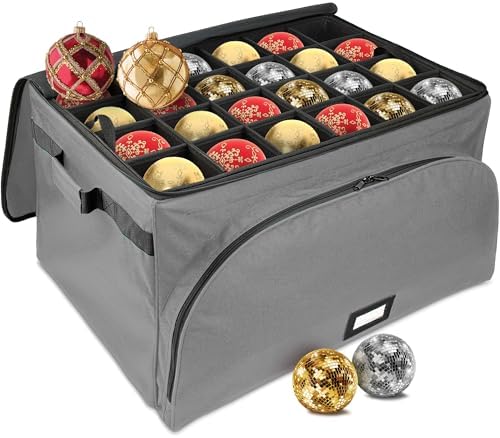 HOLDN’ STORAGE Premium Christmas Ornament Storage Box – Holds up to 72 4” Ornaments, Durable 600D Fabric, Adjustable Dividers, 3 Removable Trays – Metal Frame – Gray by HOLDN%E2%80%99STORAGE
