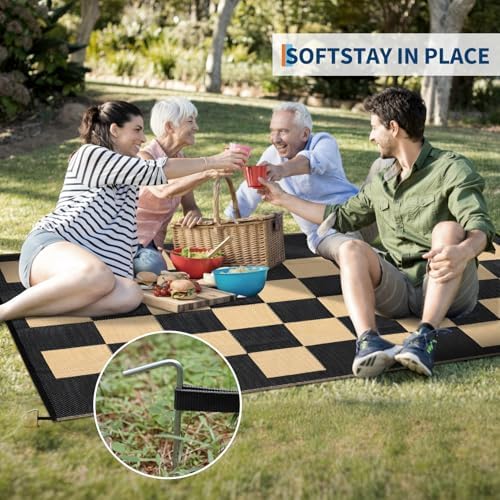 GarveeHome Large Outdoor Rug 9 x 18 Waterproof Modern Checkboard Plastic Straw Rug, Foldable Reversible Camping Mat, UV-Resistant Geometric Plaid Woven Carpet for Picnic, Deck, Black Brown - Image 6