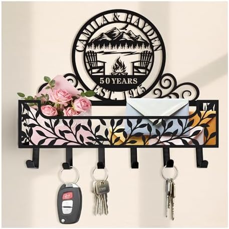 Personalized Metal Camping Family Name Key and Mail Holder, Wall Mount Entryway Organizer with Hooks, Custom Key Rack for Kitchen, Bathroom, and Home Storage by custommetalsign