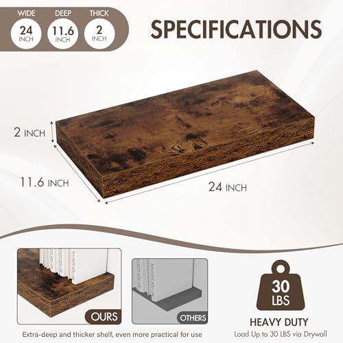 Acovy 24 Inch Floating Shelves, 12" Deep Floating Shelf Wall Mounted, 24" Wall Shelves, Rustic Deep Bookshelf, Extra Deeper & Thicker Display Shelves for Bedroom, Living Room, Brown, Set of 2 - Image 4