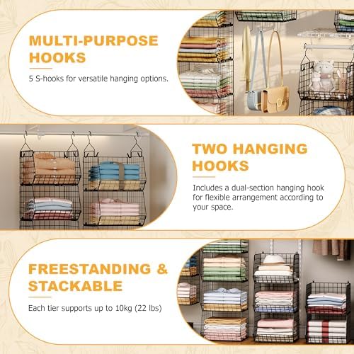 X-cosrack 7 Tier Foldable Hanging Closet Organizer and Storage,Wire Closet Shelving with 4 Large Hooks+ 5 S Hooks,Hanging Basket for Clothes Sweaters Shoes Handbags,Small Closet Organizers - Image 5