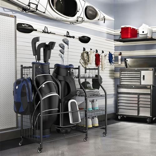 WALMANN Garage Golf Bag Stand, Large Golf Bag Storage with Golfing Accessories Storage Shelves Rolling Golf Bags Organizer - Image 2