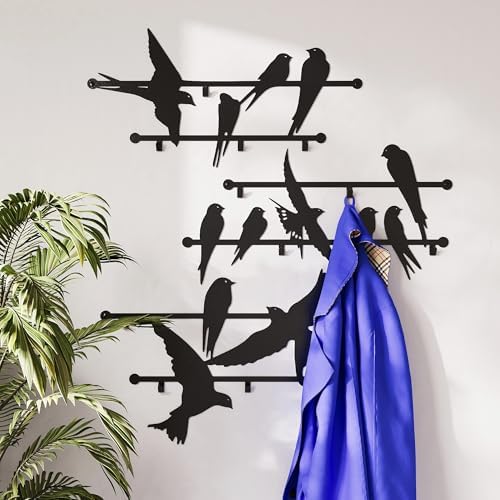 Entrance Wall Mounted Coat Rack 3pcs Metal Design Style Birds 23x40 Inches - Heavy Duty Hallway Hanger Hooks for Kids and Adults, Decorative Art Deco Iron Wardrobe Holder, Slim Stylish Steel Panels by Unknown