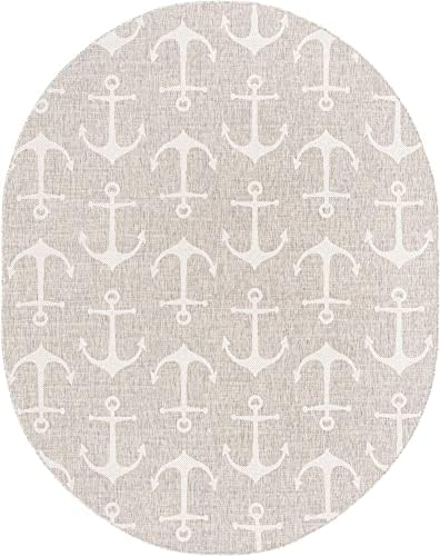 Unique Loom Outdoor Coastal Collection Area Rug - Ahoy (7' 10" x 10' Oval, Gray/ Ivory) - Image 3
