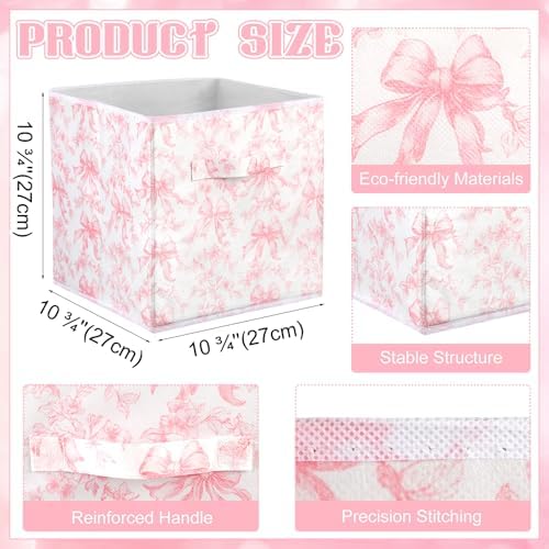 Geelin 6 Pcs Pink Floral Bow Cube Storage Bins 11 in Basket with Handle - Image 2
