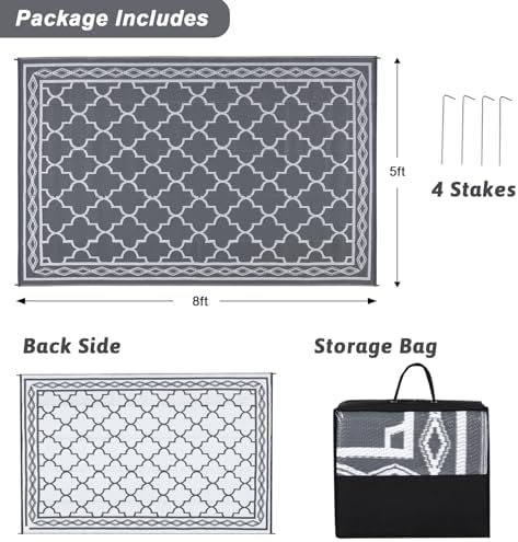 GlowSol Reversible Outdoor Rug 9x18 ft Clearance, Waterproof Outdoor Plastic Straw Rug with Carry Bag, Modern Geometric Patio Rug,RV Mat for Porch,Deck,Backyard,Camping,Balcony,Deck,Backyard,Grey - Image 2