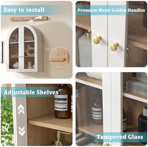 Bathroom Arched Wall Cabinet, 23.5'' Wide Medicine Cabinet, Bathroom Cabinet Wall Mount with Glass Doors & Adjustable Shelves, Over The Toilet Storage Cabinet for Laundry Room, Bedroom,Kitchen, White - Image 4