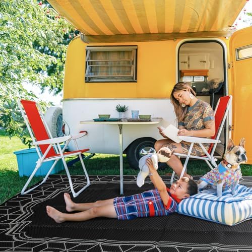 wikiwiki 8x10ft Outdoor Rug, Reversible Plastic Patio Rug Waterproof, Indoor Outdoor Carpet Clearance, Large Area Carpet for Patio Deck Pool RV Camping Beach Picnic, Geometric Border Black - Image 7
