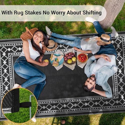 GlowSol 10x14 Outdoor Rug Waterproof Reversible Camping Mat, Plastic Straw Rug for RV Deck Backyard Porch Balcony Lawn & Beach, Easy Cleaning Outdoor Patio Rugs for Outside Decor, Black/White - Image 3