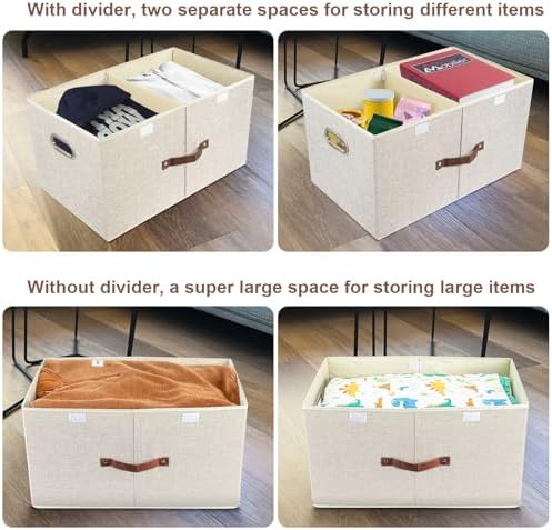 TYEERS Extra Large Collapsible Storage Bins with Lids and Compartments, Washable, Fabric Storage Boxes, 21.7x13x11.8 inches, 3 Pack, Beige - Image 3