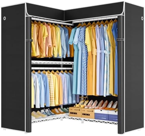 ULIFHOME E15C Pro Garment Rack L Shaped Clothes Rack for Corner，Freestanding Clothing Racks for Hanging Clothes，Heavy Duty Closet System 48.8"W x 15.8"D x 78.4"H，White Rack with Black Dustproof Cover - Image 2