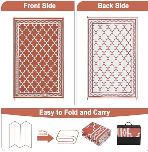 Outdoor Rug 9x12 Reversible Patio Rugs Outdoor Plastic Straw Rug Vintage Trellis Rugs Waterproof for Deck RV Outside Carpet for Patio Backyard Picnic Camp Beach Balcony Orange - Image 6
