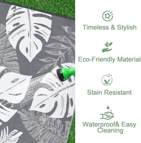 COZYLOOM Outdoor Rug 10 x 14 Large Plastic Straw Rug, Waterproof Patio Rug, UV-Resistant Reversible Mat with 4 Stakes, Tropical Leaf Outside Carpet for Backyard, RV, Deck, Picnic, Gray White - Image 3