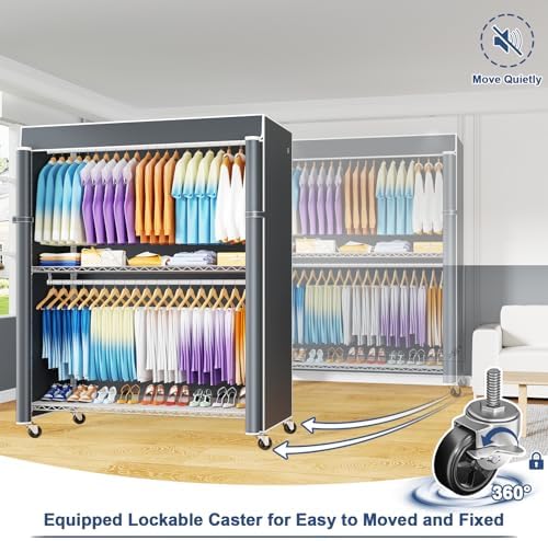 ULIFHOME P8C Max Heavy Duty Clothes Rack（With Extended Width Design） Rolling Clothing Racks for Hanging Clothes with Lockable Wheels，51.2" W x 15.8" D x 80.5" H，Load 800LBS，White Rack with Grey Cover - Image 5