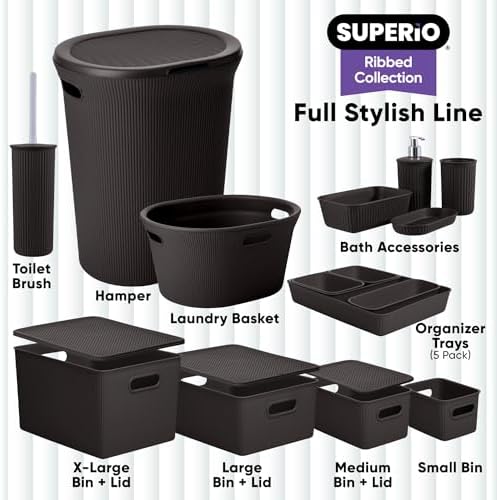 Superio Ribbed Collection - Decorative Plastic Basket Open Home Storage Bins Organizer, X-Large Brown (4 Pack) Container Boxes for Organizing Closet Storage Bins for Shelves 22 Liter/23 Quart - Image 6