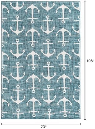 Unique Loom Outdoor Coastal Collection Area Rug - Ahoy (6' 1" x 9' Rectangle, Teal/ Ivory) - Image 2