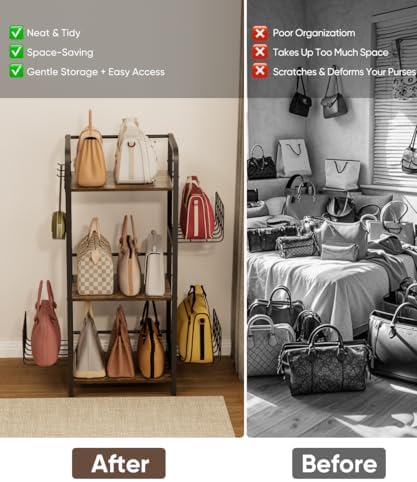 3-Tier Purse Organizer Rack, Iron & Wood Floor-Standing Bag Storage Holder with Adjustable Side Basket and Hook Handbag Organizers Display Stand Shelf for Closet, Bedroom, Entryway, Black - Image 7
