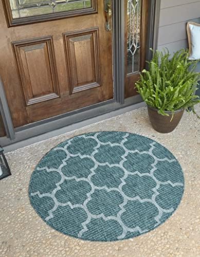 Unique Loom Outdoor Trellis Collection Area Rug - Trellis (Round 13' 0" x 13' 0", Teal/ Gray) by UniqueLoom