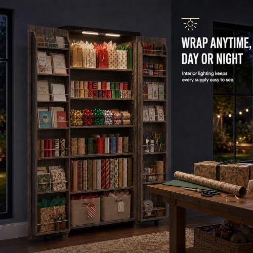 FIMELLO 71" H Gift Wrap Storage Cabinet, Craft Storage Cabinet, Rustic Oak - Image 7