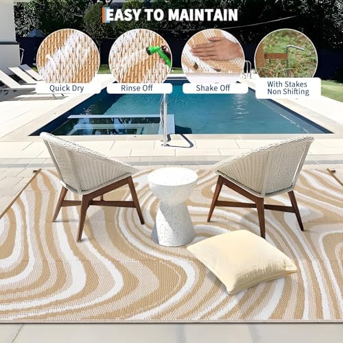 Garvee Porch Rugs Outdoor Waterproof 8x10 Outdoor Camping Rug, Light Brown - Image 4