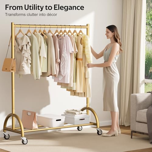 MISSLO Heavy Duty Clothing Rack with Wheels Rolling Clothes Racks for Hanging Clothes, Coats, Garment, Dress, Gold - Image 4