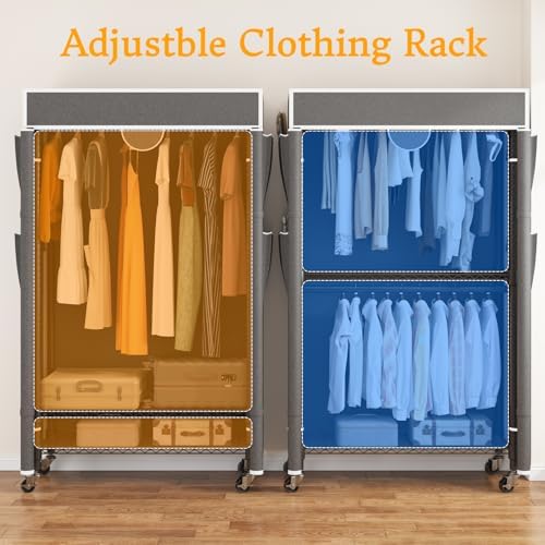 Homdox Garment Rack with Cover, Heavy Duty Clothing Rack for Hanging Clothes, Portable Closet Wardrobe, Double Rods Garment Rack with wheels, 35.1" W x 17.4" D x 80.6" H, Gray - Image 5