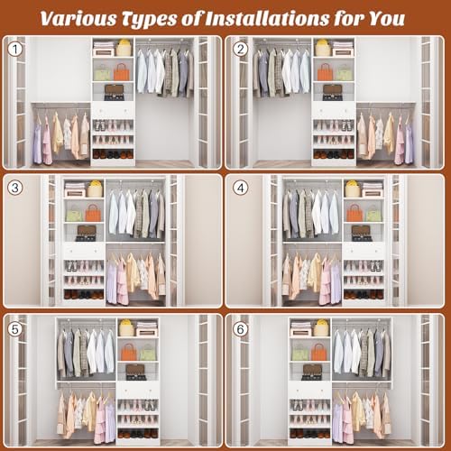 [10 FT Closet System] 120 Inch Reversible Set of 2 Wood Closet Organizer System with 2 Drawers, 4 Hanging Rods Adjustable Shelf, Walk In Closet Organizers with Shoe Rack, Garment Rack, White - Image 5