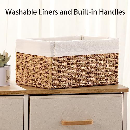 Vagusicc Wicker Storage Basket, 3-Pack Woven Paper Rope Wicker Baskets with Handles, Large Wicker Basket Cube Storage Bins with Liners, Storage Baskets for Organizing Shelves & Decor, Natural - Image 5
