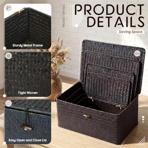 Woanger Set of 4 Wicker Baskets with Lids, Black - Image 3