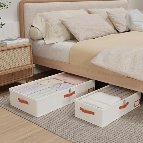 Yawinhe Pack of 2 Underbed Storage Bags, Foldable Clothes Storage with Clear Window, for Duvets, Clothes, 60 x 30 x 15 cm, Beige - Image 3