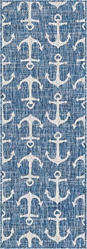 Unique Loom Outdoor Coastal Collection Area Rug - Ahoy (2'x 6' 1" Runner, Blue/ Ivory) - Image 3
