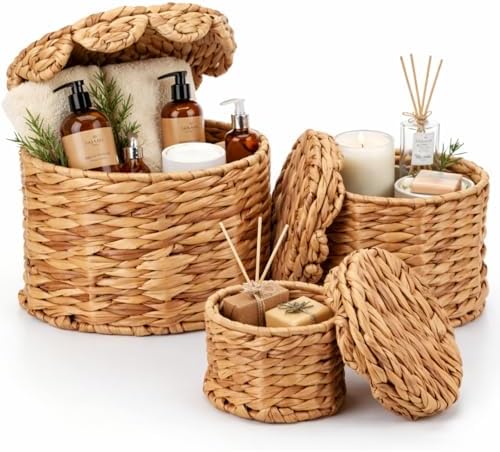Newtay Set of 3 Scalloped Wicker Storage Baskets with Lid Round Rattan Woven Basket 11'' 8.7'' 6.3'' Natural Water Hyacinth Decorative Boxes for Organizing Nursery Home Closet Shelf Decors, 3 Sizes by Newtay