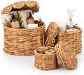 Newtay Set of 3 Scalloped Wicker Storage Baskets with Lid Round Rattan Woven Basket 11'' 8.7'' 6.3'' Natural Water Hyacinth Decorative Boxes for Organizing Nursery Home Closet Shelf Decors, 3 Sizes by Newtay