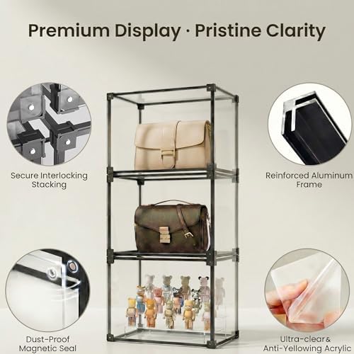 Clear Acrylic Purse Organizer with Aluminum Alloy Frame, Handbag Display Case with Magnetic Door, Stackable Closet Storage Boxes for Purses, Books, Cosmetics & Collectibles (4Pack) - Image 3