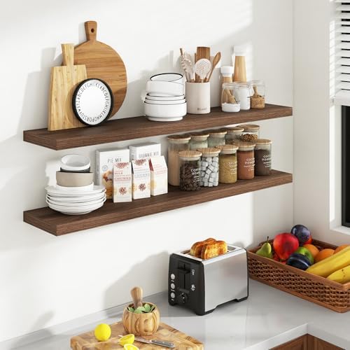 Acovy 48 Inch Floating Shelves, 8 Inch Deep Floating Shelves for Wall, Hanging Shelf with Invisible Brackets, Deep Shelves for Bathroom, Bedroom, Living Room, Walnut, Set of 2 - Image 2
