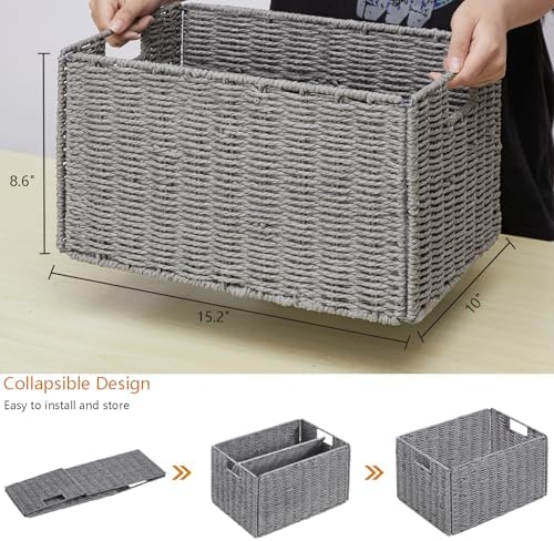 Vagusicc Wicker Storage Basket, Set of 2 Hand-Woven Paper Rope Wicker Basket, Small Storage Baskets for Organizing Toilet Paper Basket, Foldable Large Cube Storage Organizer Bins for Shelves (Grey) - Image 2