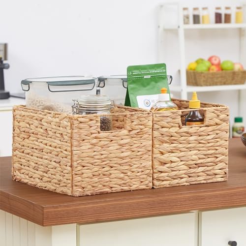 Vagusicc Wicker Storage Basket, Set of 2 Hand-Woven Storage Baskets for Organizing, Small Wicker Basket for Toilet Paper, Foldable Large Cube Storage Organizer Basket Bins for Shelves (Water Hyacinth) - Image 6
