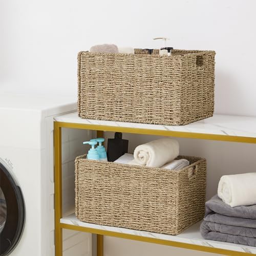 Vagusicc Wicker Storage Basket, Set of 2 Hand-Woven Storage Baskets for Organizing, Small Wicker Basket for Toilet Paper, Foldable Large Cube Storage Organizer Basket Bins for Shelves (Sea Grass) - Image 5