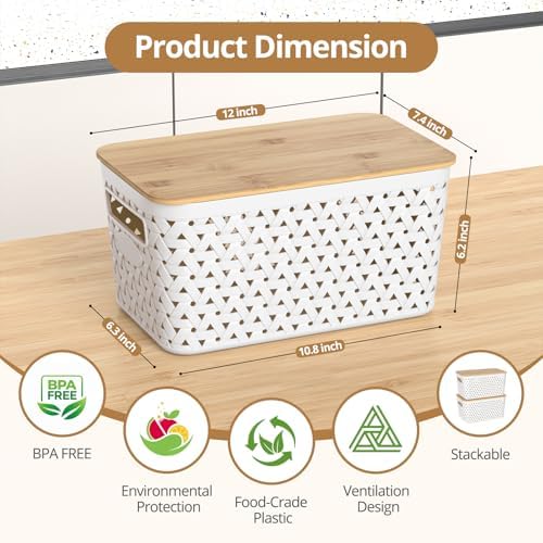 Plastic Storage Bins with Bamboo Lids, Stackable Small Box Baskets for Organizing and Containers for Shelves Drawers Desktop Closet Pantry Classroom Office Home, 4 Pack 12x7.3x6.2 Inch, White - Image 2