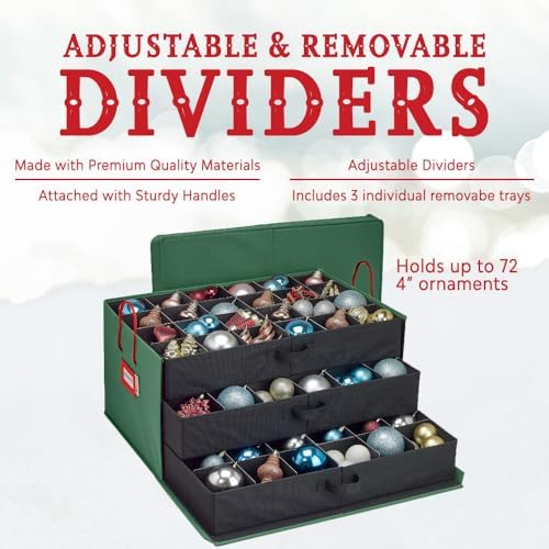 HOLDN’ STORAGE Christmas Ornament Storage Box with Dividers, Holds Up to 72 Ornaments (4 Inches), Large Organizer with 3 Stackable Trays - Green - Image 7