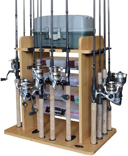 Rush Creek Creations Fishing Rod Holder for 14 Saltwater/Freshwater Rods, Fishing Pole Holder w/ up to 4 Fishing Gear Tackle Box Storage for Garage Organization/Boat Storage for Fishing Accessories by RushCreekCreations